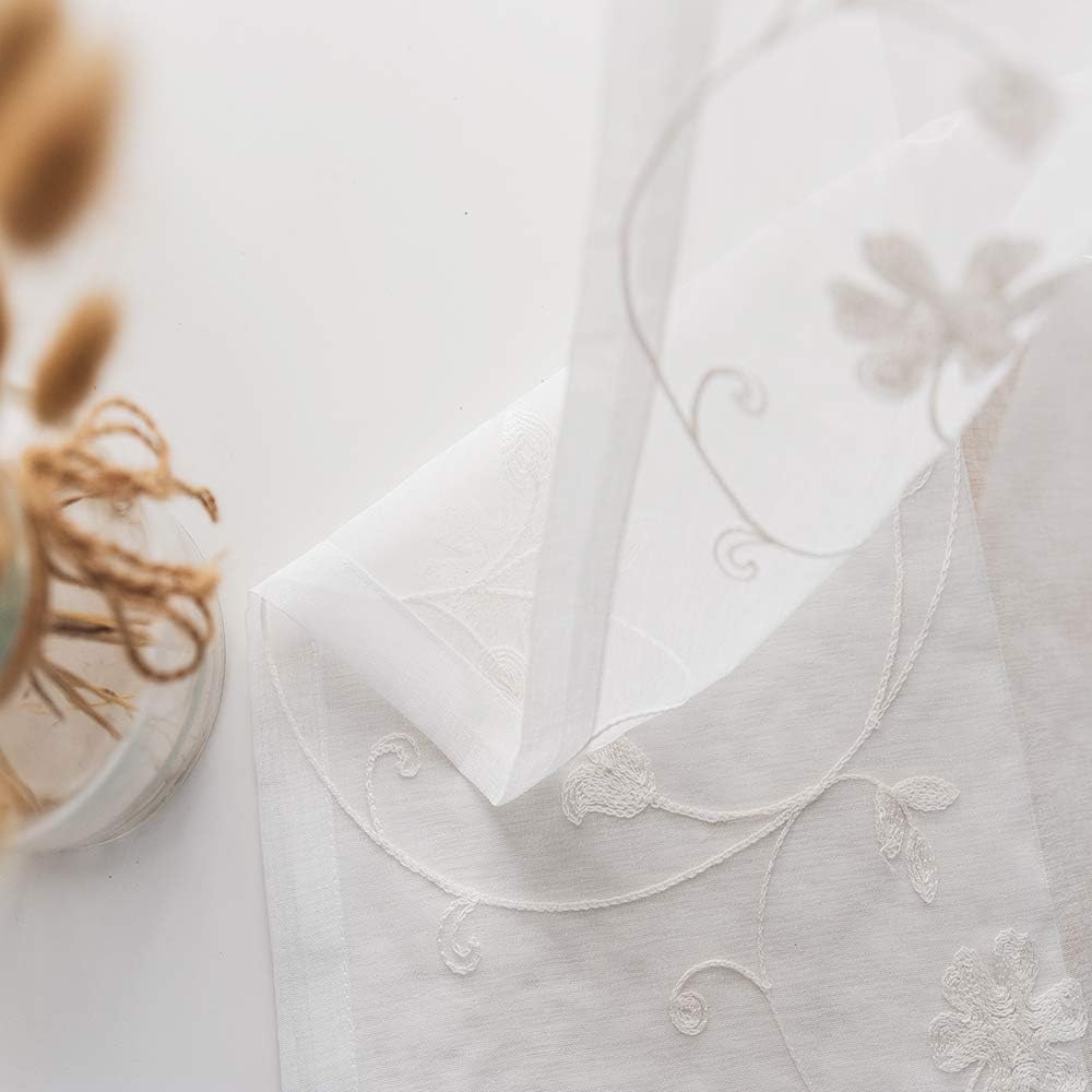 Floral Embroidery Sheer Curtains White 63 Inch Length, Rod Pocket Voile Drapes for Living room, Bedroom, Window Treatments Semi Crinkle Curtain Panels for Yard, Patio, Villa, Set of 2, 52"x 63".