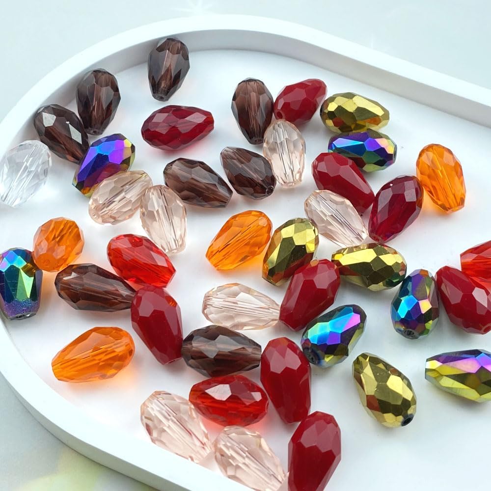 200pcs 4x6mm Teardrop Crystal Glass Beads Vertical Hole Faceted Loose Spacer Beads for DIY Craft Jewelry Making Necklace Bracelet Earring Wind Chimes(Red Series)