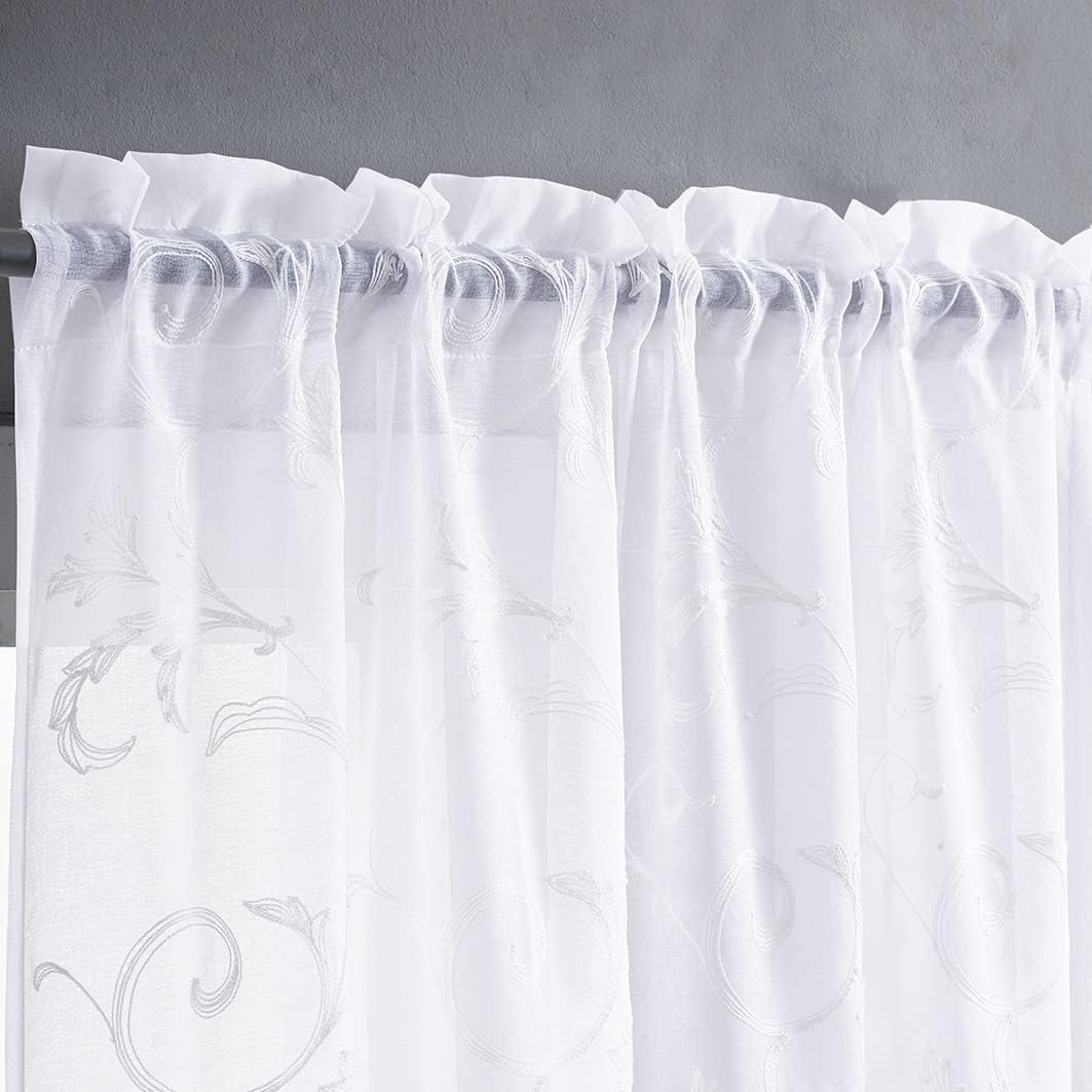 Floral Embroidery Sheer Curtains White 84 Inch Length, Rod Pocket Vintage Voile Drapes for Living room, Bedroom,Semi Crinkle Curtain Panels for Patio, Villa, Set of 2, 52"x 84". (52"Wx84"L, White)