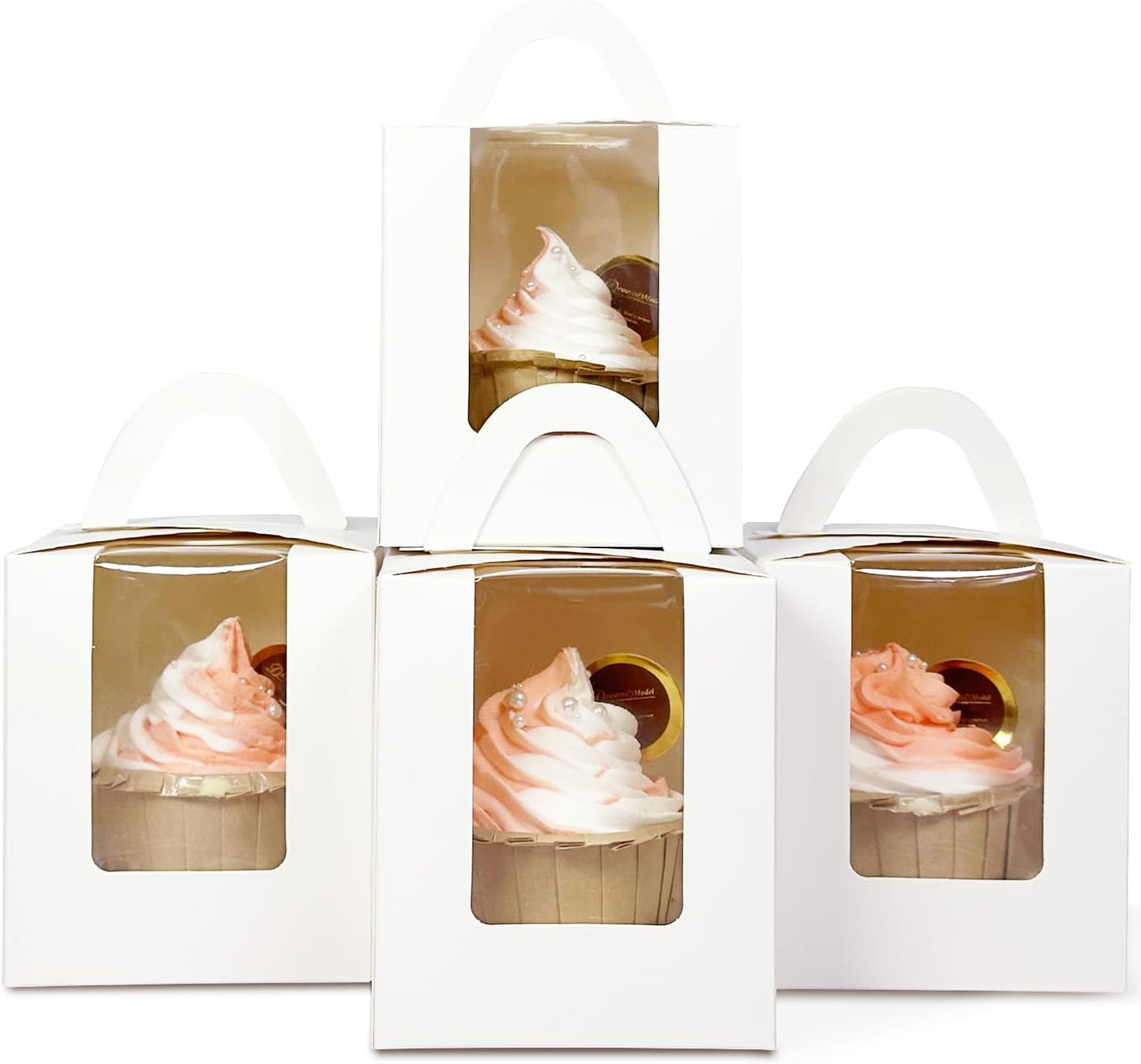 qiqee 100Packs Cupcake Boxes Individual Cupcake Holders Disposable White Single Cupcake Boxes with Window 3.7 * 3.7 * 4.5inch Cupcake Containers