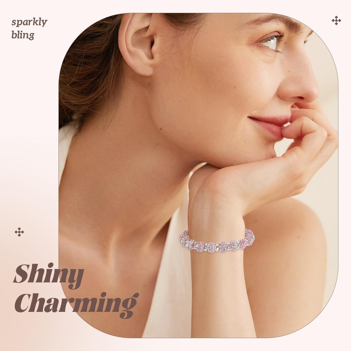 160pcs 10mm Rhinestone Beads for Jewelry Making, Pink White Shiny Round Disco Ball Beads Bulk, Sparkle Crystal Clay Christmas for Bracelet Baseball Necklace Earring Crafting and DIY