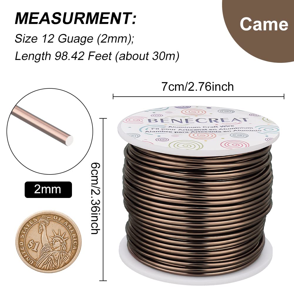 BENECREAT 9 12 17 18 20 22 Gauge Aluminum Wire (12 Gauge,100FT) Anodized Jewelry Craft Making Beading Floral Aluminum Craft Wire for Christmas Tree, Garden, Model Making - Brown