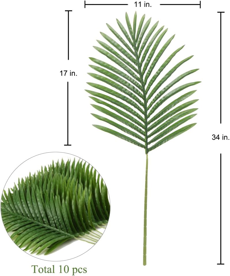 DILATATA 10 PCS Large Artificial Palm Leaves Palm Fronds Tropical Leaves Areca Palm Branches Palm Leaves with Stem Palm Tree Leaves Faux Palm Leaves for Floral Arrangement Fake Leaves Palm Leaf Decor