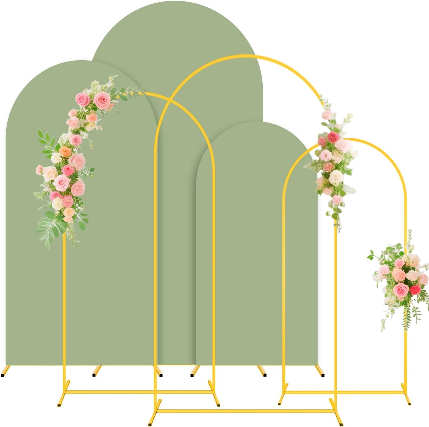 FUHSY Set of 3 Wedding Arch Backdrop Stand and Cover Set 7.2FT, 6.6FT, 6FT Metal Arch Backdrop Stand with Sage Green Spandex Arch Stand Cover Wedding Arches Frame for Birthday Bridal Baby Shower Event