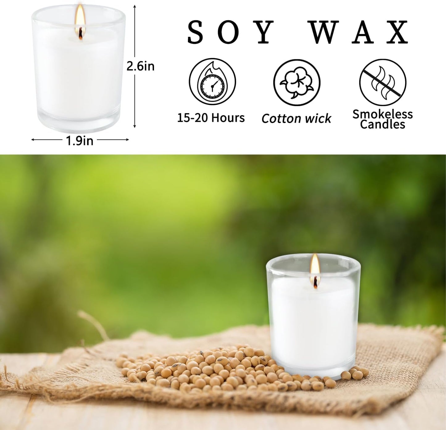 20 Pack White Unscented Glass Cup Candles - 15-20 Hour Burn Time, Soy Wax, Minimalist Style for Home Decor, Weddings, Parties & Special Occasions.