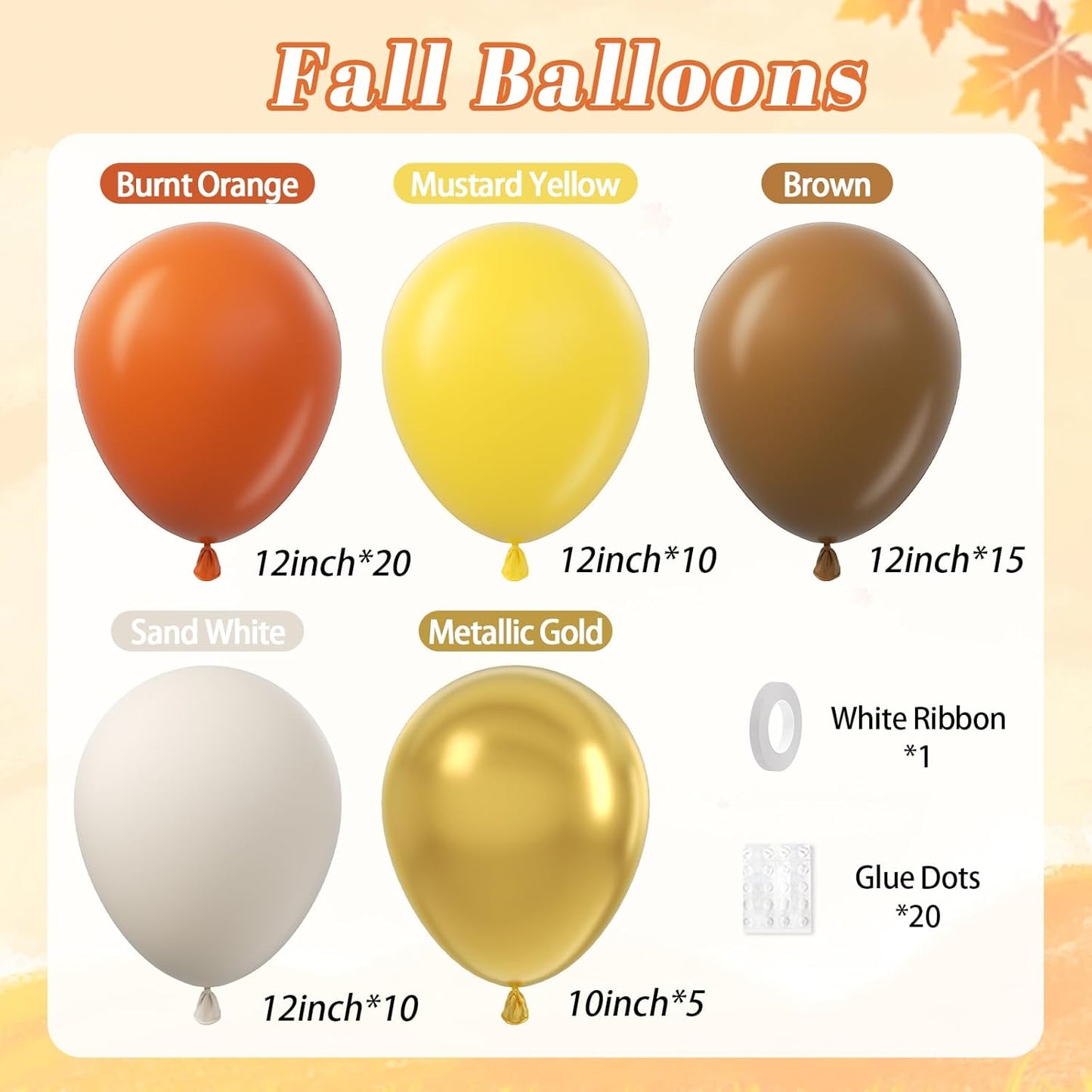60pcs Fall Balloons Thanksgiving Balloons 12inch with Burnt Orange Brown Mustard Yellow Sand White Metallic Gold Balloon for Neutral Autumn Baby Shower Birthday Party Decorations