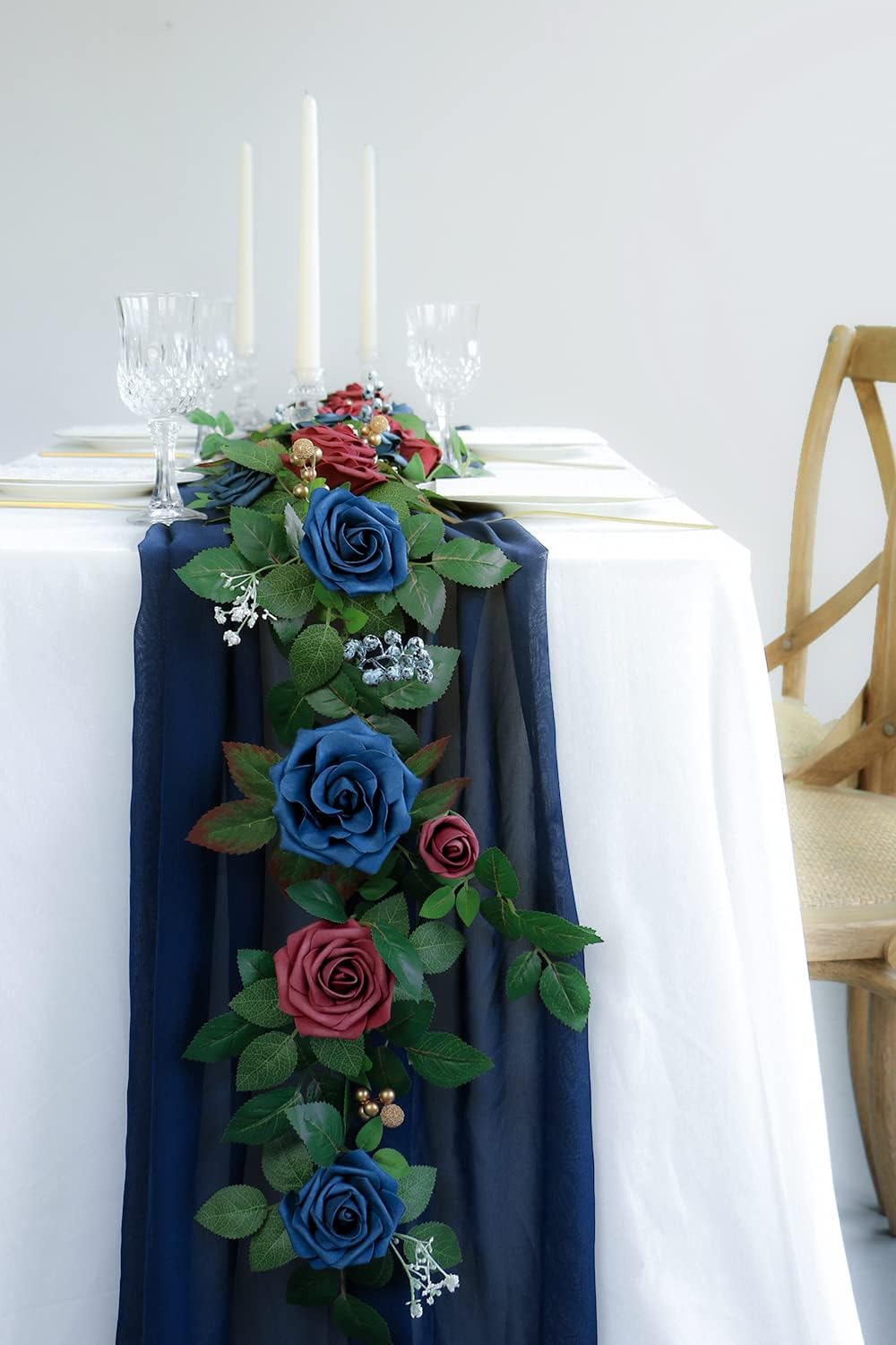 PONATIA 5FT Handcrafted Artificial Rose Flower Garland, Burgundy Flower Garland for Wedding Ceremony Garlands Backdrop Arch Flowers, Ceremony Reception Table Decorations (Burgundy & Navy)