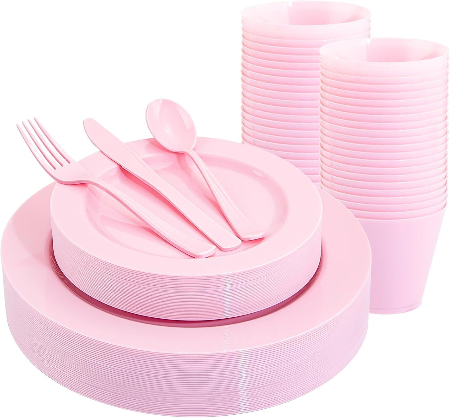 KIRE 150 Pieces Pink Plastic Plates Disposable - Pink Dinnerware Set Include 25 Dinner & 25 Salad Plates 25Forks 25Knives 25Spoons 25 Cups for Baby Shower/Bridal Shower