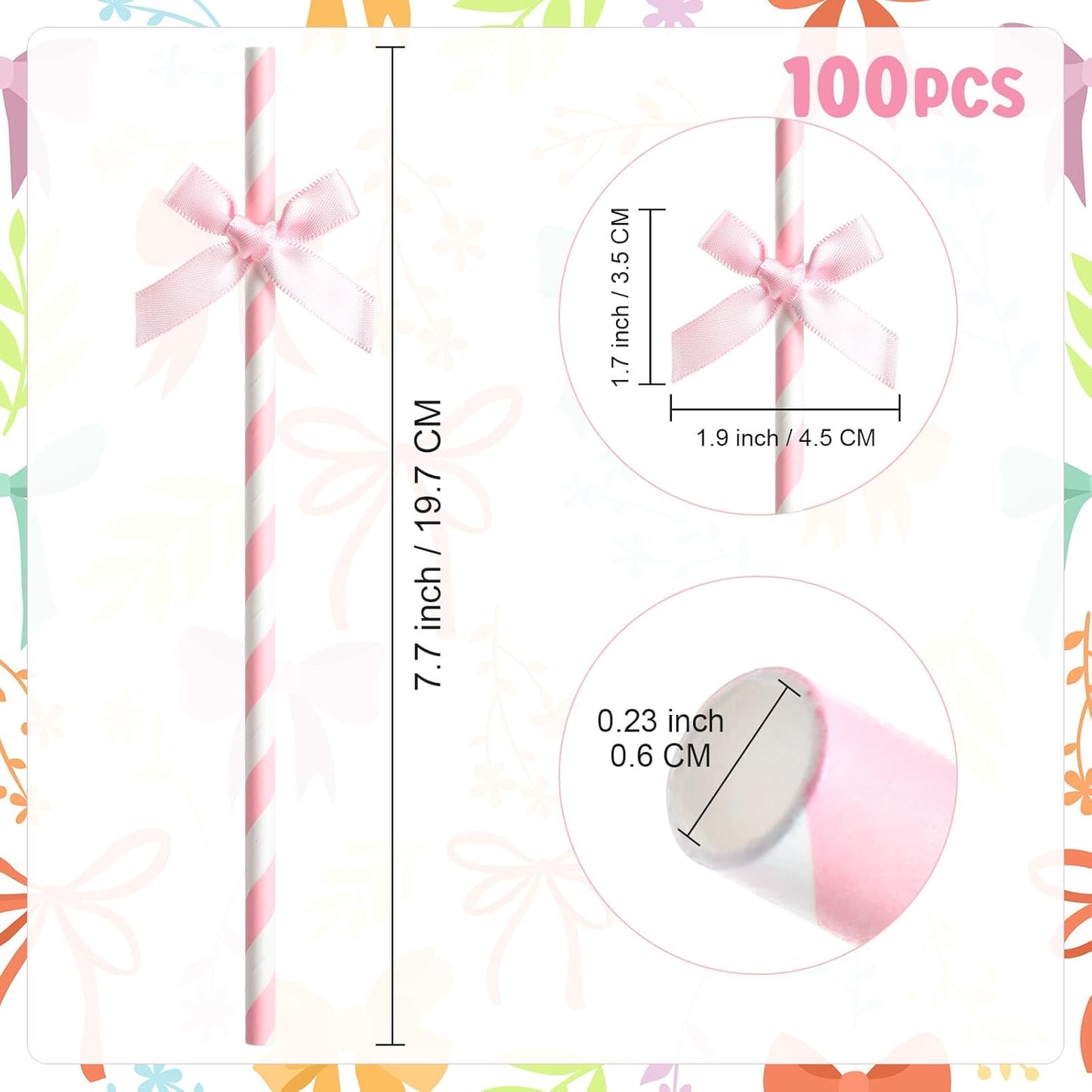 100 Pcs Pink Paper Straws for Drinking, Bow Disposable Striped Paper Straws Bulk Pink Theme Birthday Party Supplies for Wedding Cake Decorations Bachelorette Baby Shower