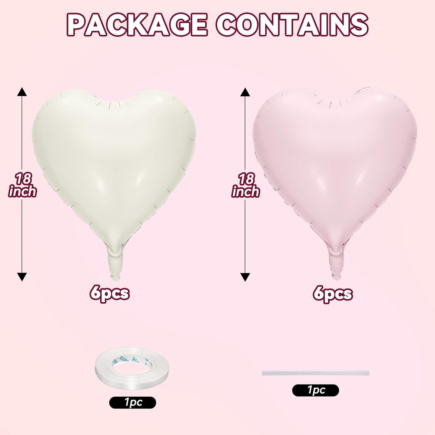 12 Pcs Heart Balloons, 18 inch Pink White Heart Shaped Balloons, Big Foil Helium Balloon, Retro Pink Love Foil Balloon for Wedding Baby Shower Valentine Party Decorations