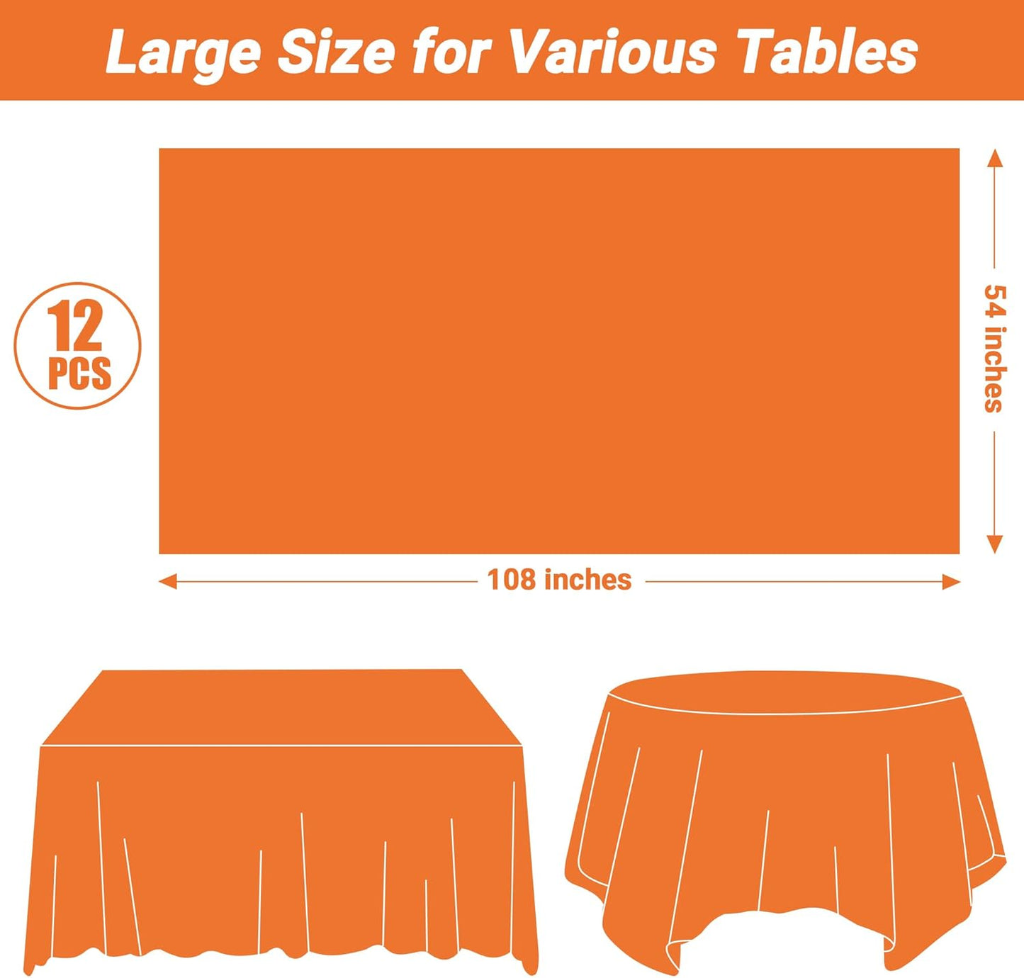 QZYL 12 PCS Orange Rectangle Table Cover, Disposable Plastic Table Cloth Rectangle, 54 X 108 in Decorative Smooth Table Cloth for Picnic Table Birthday Parties Weddings Outdoor Celebrations