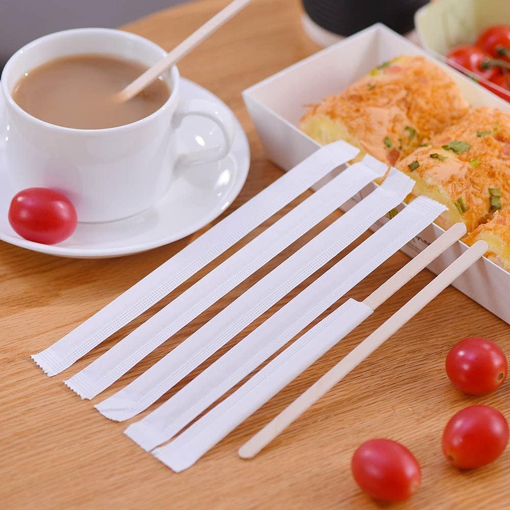 500pcs Individually Wrapped Coffee Stirrers Wood - 7" Coffee Stir Sticks, Round End Disposable coffee stirrer, For Coffee, Cocktail and Hot Drinks