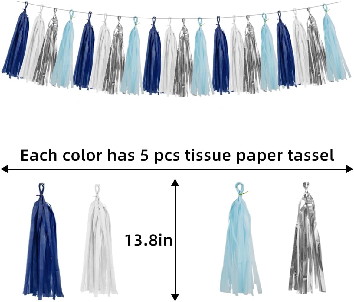 Teal Silver White Navy-Blue Party-Decorations – 15pcs Tissue Paper Tassel Garland Banner Birthday Decorations for Boy Men Christmas Baby Shower Winter Theme Hanging Decor HongTongTong