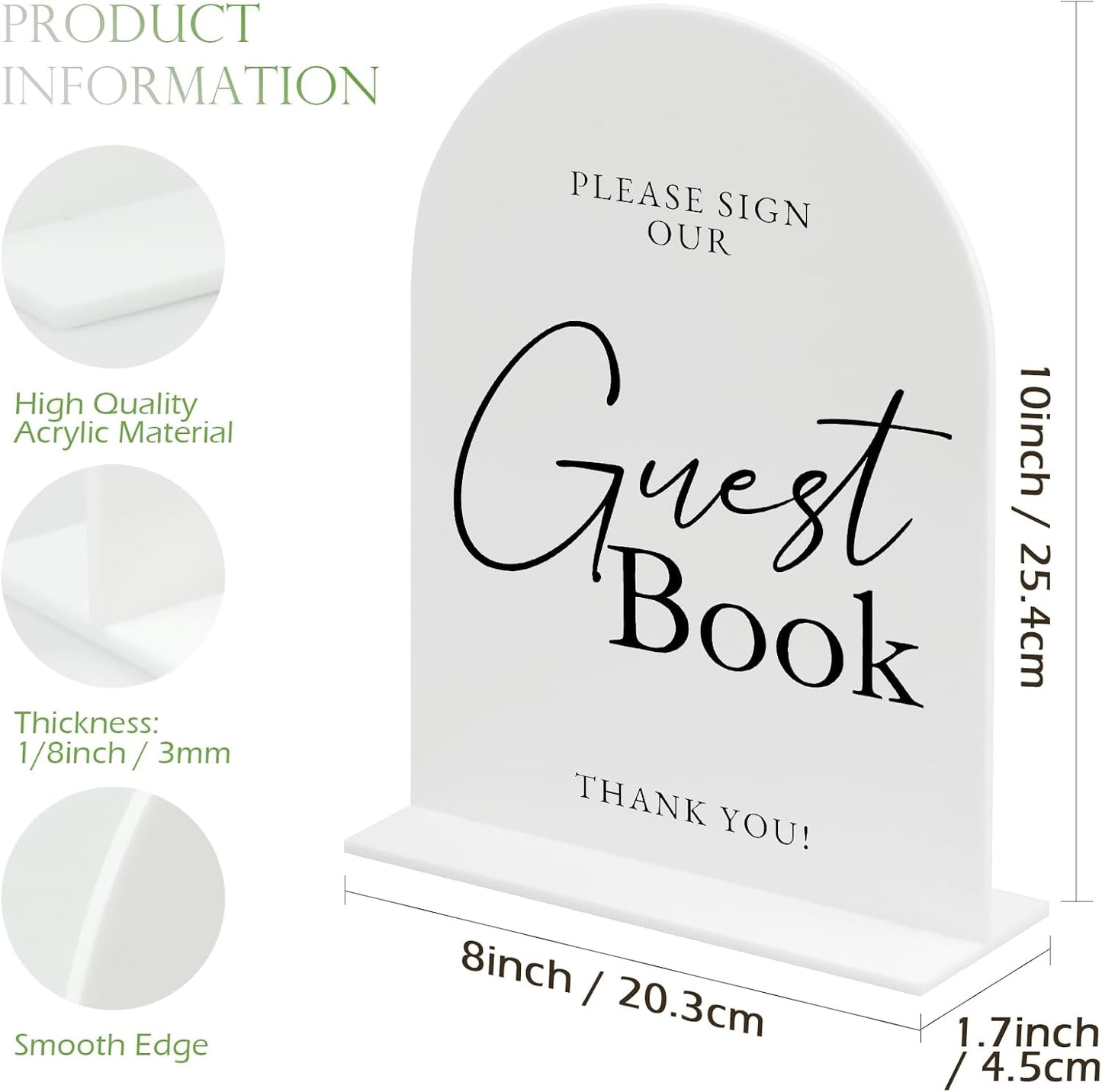 White Arch Acrylic Wedding Sign- 8"x10" Guest Book Sign and Base,1/8" Thick | Modern Calligraphy Arched Acrylic Table Sign for Wedding & Event Party