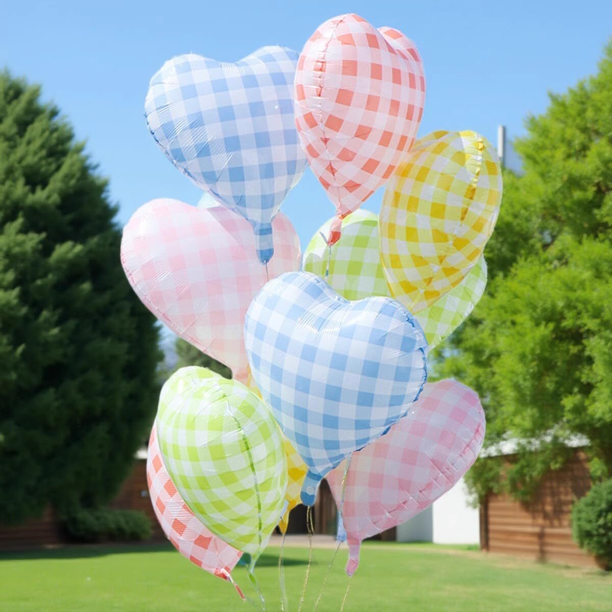 Pink White Checkered Heart Balloons,12Pcs 18Inch Light Pink Grid Heart Shaped Foil Helium Polyester Film Balloons for One Silly Goose Birthday Baby Shower Party Decorations