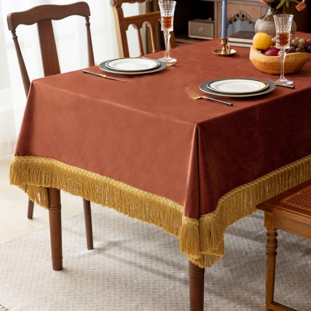 F-CHU Luxury Burnt Orange Tablecloth Thickset Velvet Tablecloth with Beautiful Gold Tassels Table Cloth for Home Decor Wedding, Party, Banquet and Events 60x86-Inch