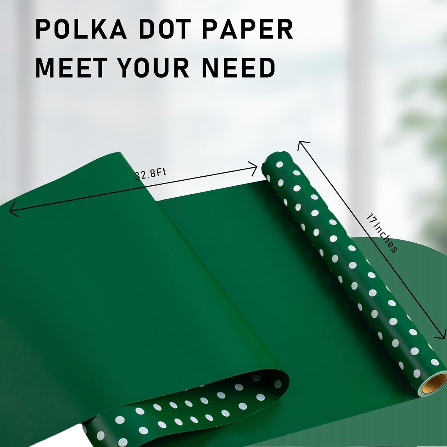 Flyhill Green Wrapping Paper Roll,Reversible Gift Wrap Paper with Polka Dot Design for Birthday,Christmas,Holiday,Party(17 Inch X 32.8 Feet)