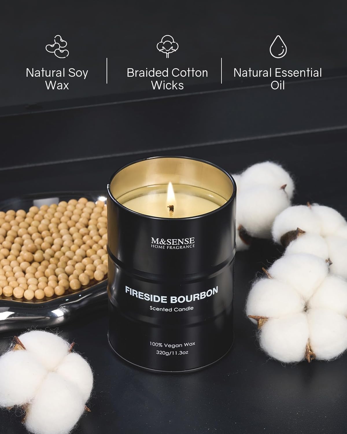 M&SENSE Scented Candle, Fireside Medium Jar Candle Gifts for Men, 70 Hours Slow Burning Natural Soy Candles 11.3oz, Stress Relief Aromatherapy Candles Home Decor, Valentines Day Gifts for Him