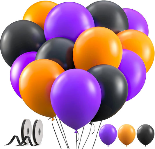 Orange and Black Balloons with Ribbons, 12-Inch Halloween Party Orange Purple and Black Latex Balloons for Halloween Party Decorations, Perfect for Spooky Party Decor