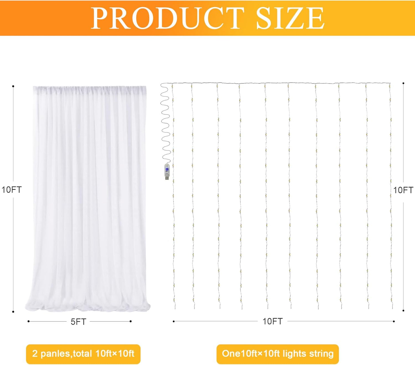 Fomcet White Tulle Backdrop Curtains with Lights String 10FT X 10FT Sheer Curtain with Lights Tulle Curtains Backdrop for Wedding Birthday Party Photo Shoot (2 Panels 5x10FT)