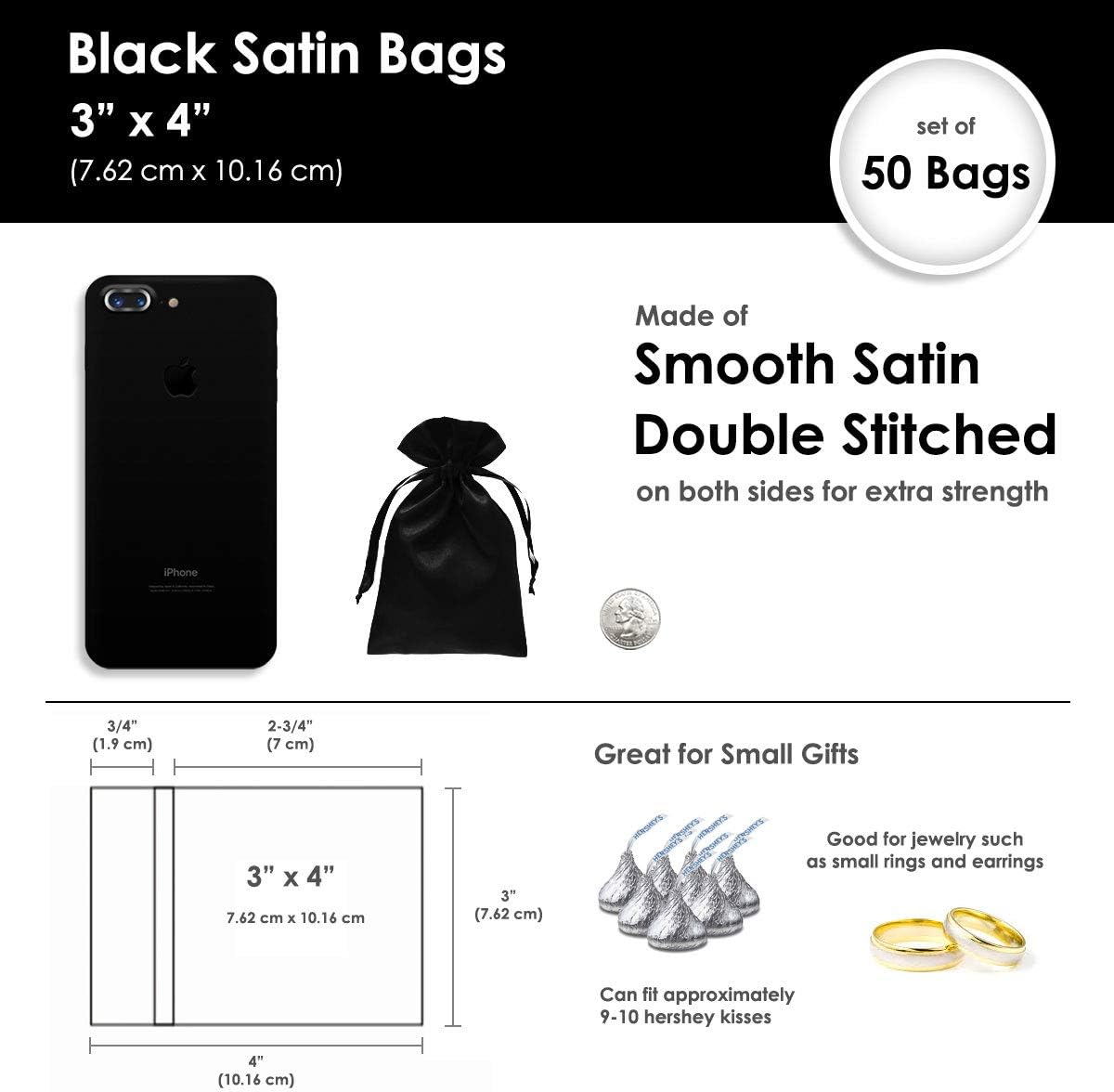 3" x 4" Black Satin Gift Bags, Jewelry Bags, Wedding Favor Silky Drawstring Bags Baby Shower Christmas 50 per Pack