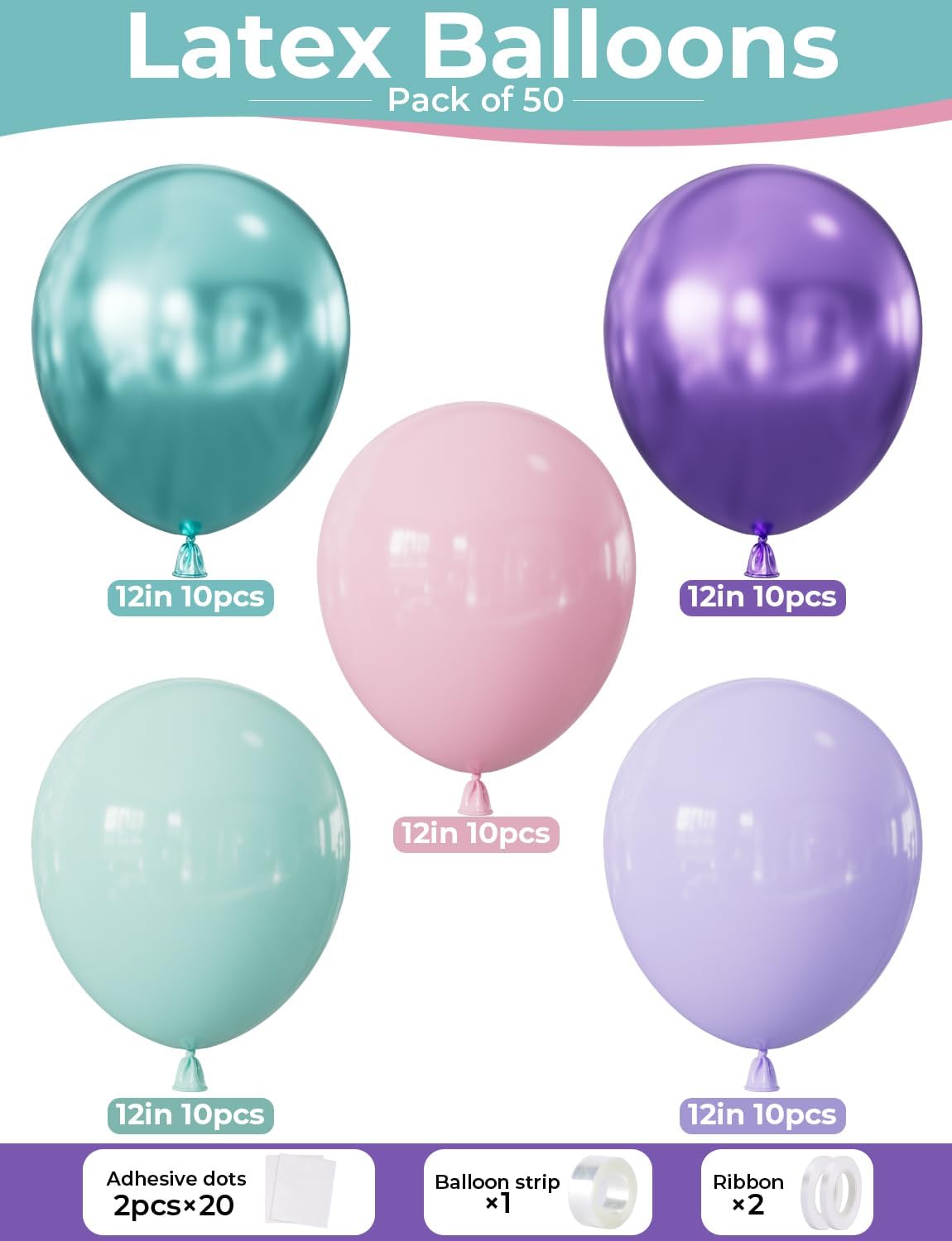 Mermaid Balloons - 12Inch Purple Pink Green Blue Balloons Glitter Metallic Purple Green Balloon Light Teal Latex Balloon for Mermaid Birthday Baby Shower Under The Sea Party Decorations (50Pcs)