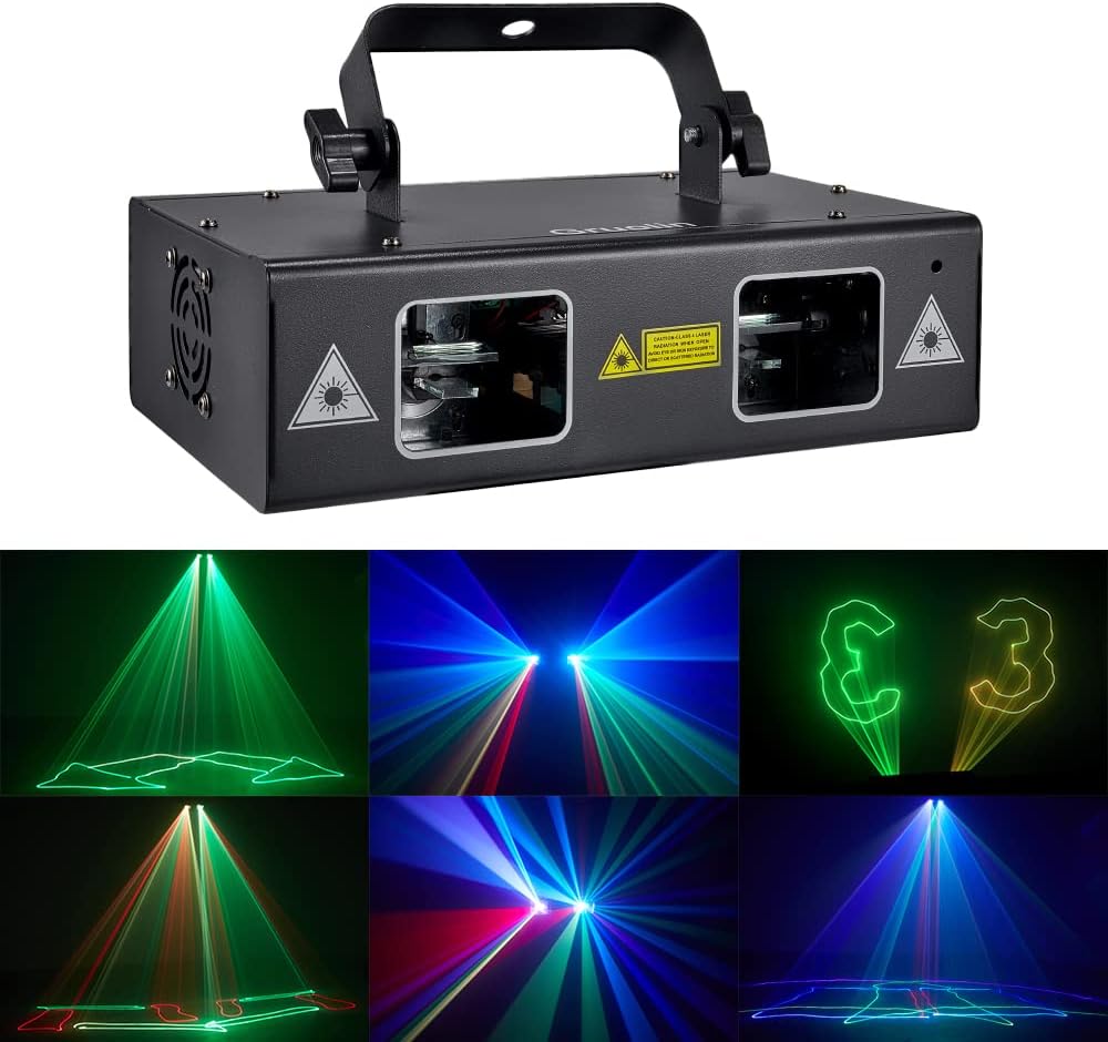 DJ Lights Party Lights, Gruolin RGB Full Color Laser Stage Light Music Sound Activated & DMX Control Patterns Projector, Perfect for Party Disco Bar Club Stage & DJ Lighting