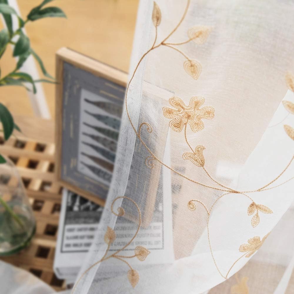 Sheer Curtains Gold 45 Inch Length,Floral Embroidered Rod Pocket Voile Drapes for Living room, Bedroom, Window Treatments Semi Curtain Panels for Yard, Patio, Villa, Parlor, Set of 2, 52"x 45".