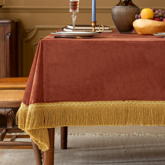 F-CHU Luxury Burnt Orange Tablecloth Thickset Velvet Tablecloth with Beautiful Gold Tassels Table Cloth for Home Decor Wedding, Party, Banquet and Events 60x120-Inch