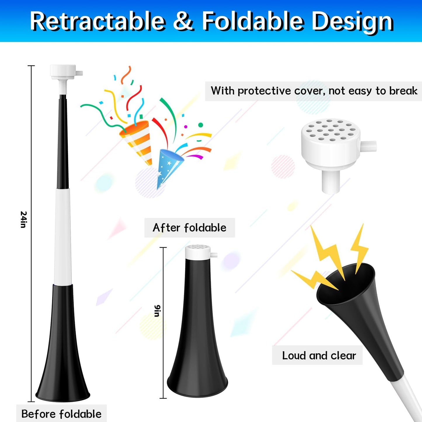 Collapsible Stadium Horn Noise Maker 24 Inch Vuvuzela Stadium Horn Plastic Trumpet Horn Blow Horns Noisemakers for Sporting Events Graduation Games School Sports Party Supplies Favors Accessories