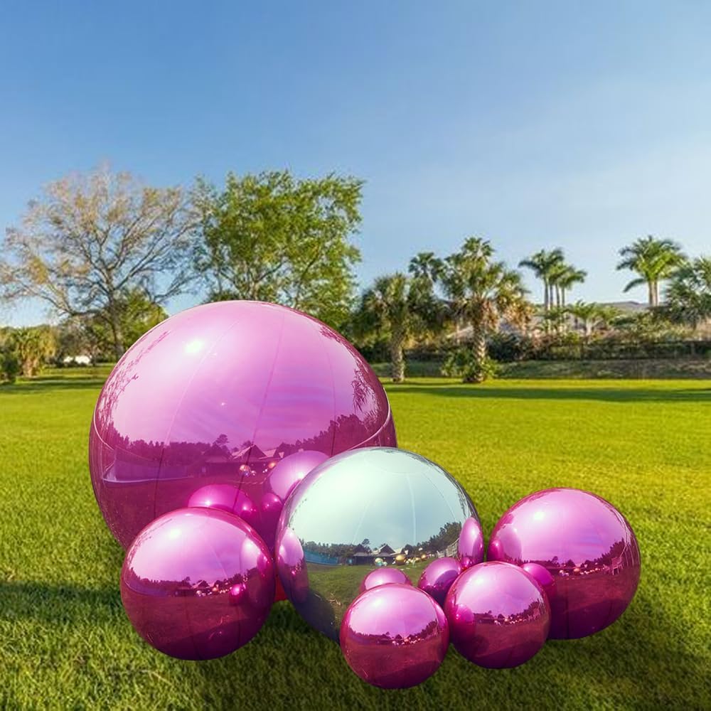 Inflatable Mirror Ball Set - Airtight PVC Spheres for Parties, Weddings, and Events. Perfect for Decoration, Hanging, and Displays. Includes Electric Pump (Rose red, 24in-2pk_32in_39in_47in_71in)