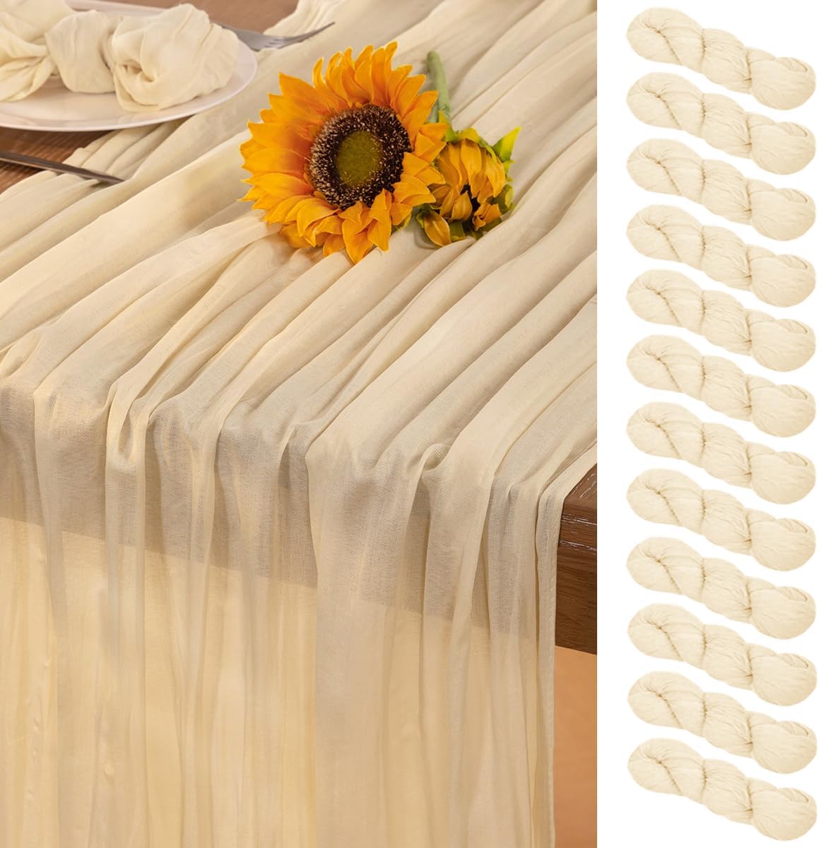 Beige Cheesecloth Table Runner 12 Pack Fall Table Runners 120 Inches Boho Gauze Cream Cheese Cloth Fall Table Decorations for Thanksgiving Wedding Bridal Baby Shower Garden Party Decor