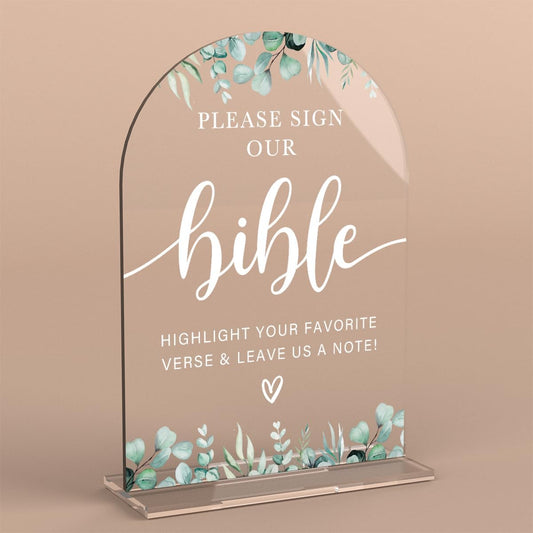 Acrylic Wedding Sign Please Sign Our Bible Signs for Ceremony Modern Calligraphy Arch Acrylic Table Top Signs for Wedding Reception and Event Party Table Decor (Eucalyptus Leaves)
