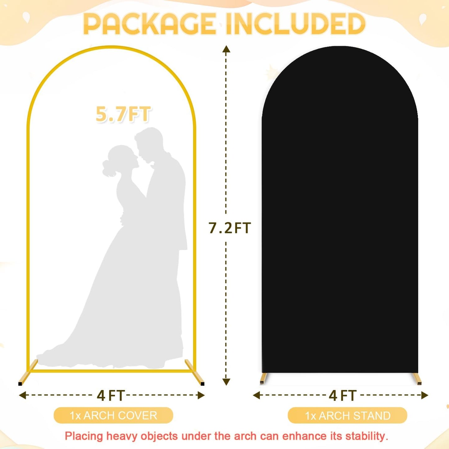 FUHSY 7.2FT Backdrop Arch Stand with Cover Set Metal Arch Backdrop Stand Stable Balloon Arched Frame and Black Arch Stand Cover Backdrop Cover for Arch Stands for Birthday Bridal Shower Ceremony Decor