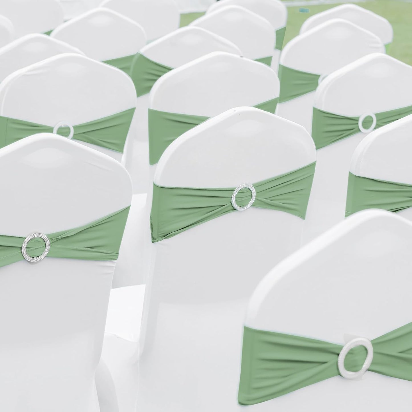 CHENGU 150 Pieces Spandex Stretch Chair Sashes Bows Elastic Chair Cover Bands Ties with Buckle Slider for Wedding Party Reception Events Universal Ceremony Banquet Decorations(Sage Green)