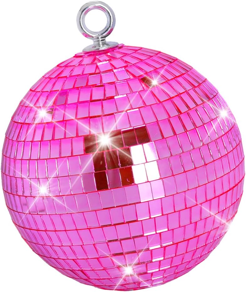 Pink Mirror Disco Ball 6 inch Small Reflects Light Mirror Ball with Hanging Rings for Party Decorations, 70s Theme Party, Christmas Decorations, DJ, Wedding, Birthday