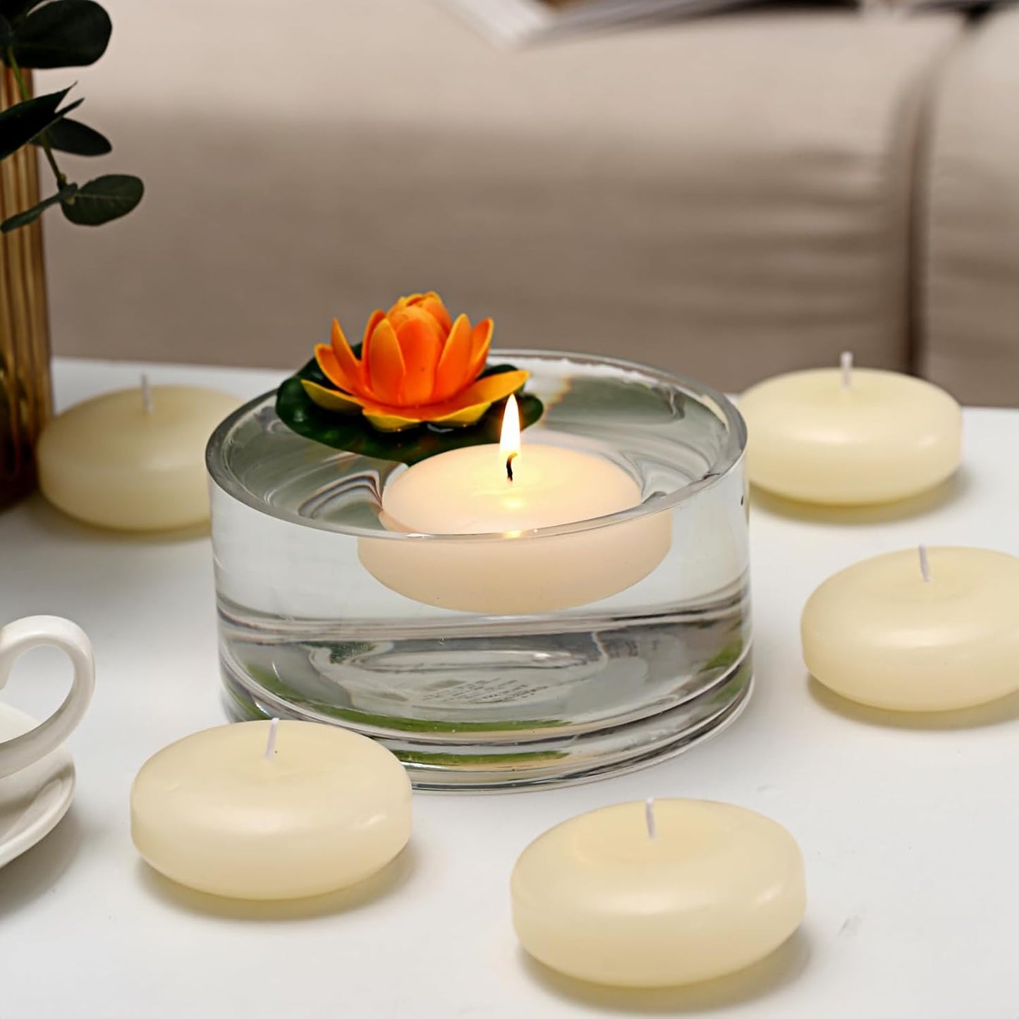 12 Pack Floating Candles, 3” Ivory Unscented Dripless Wax Burning Candles, for Weddings, Party, Cylinder Vases, and Home Decorations…