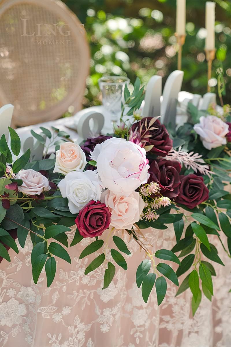 Ling's Moment 9FT Spring Flower Garland - Wedding Arch Flowers, Eucalyptus & Rose, Artificial Floral Garland for Mantle - Sweetheart Table Decor for Reception, Backdrop Decorations, Marsala