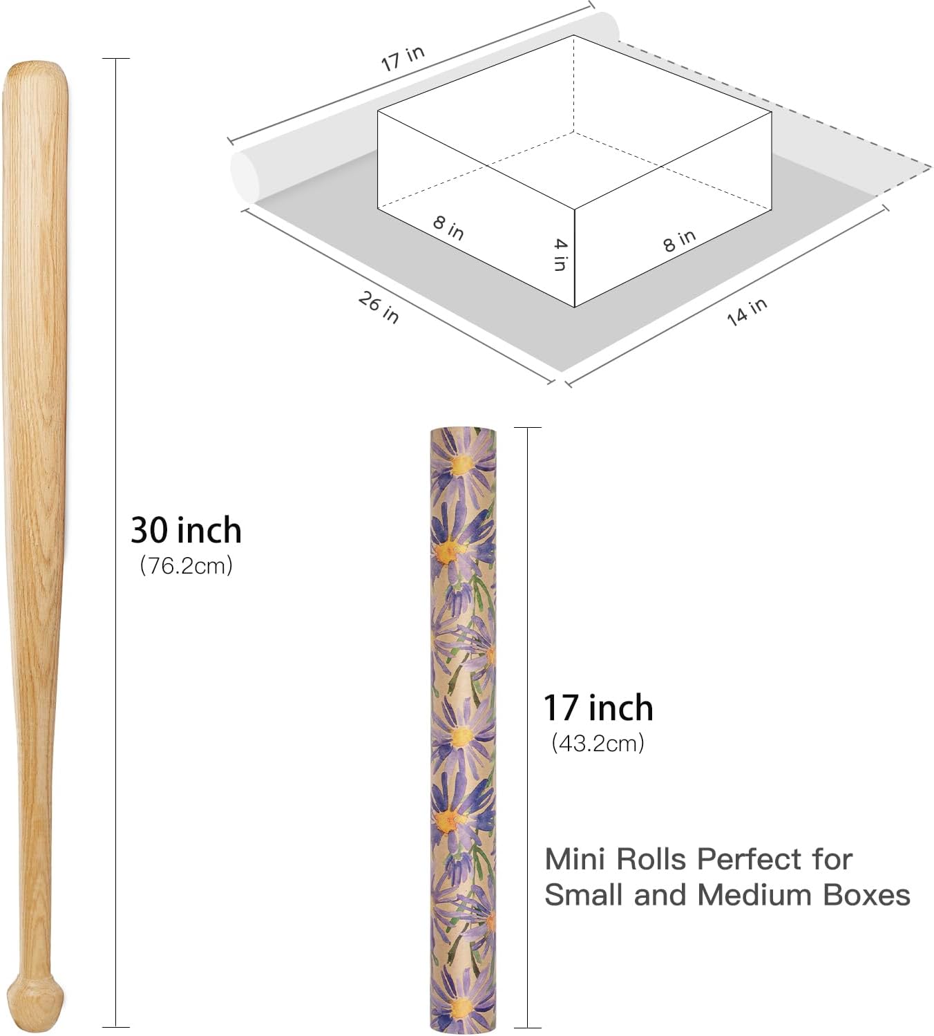 RUSPEPA Purple Daisy Floral Wrapping Paper, Watercolor Flower Kraft Paper - Mini Roll - 17 in x 32.8 ft Each Roll, Gift Wrapping Paper for Girls, Women, Wedding and Birthday,