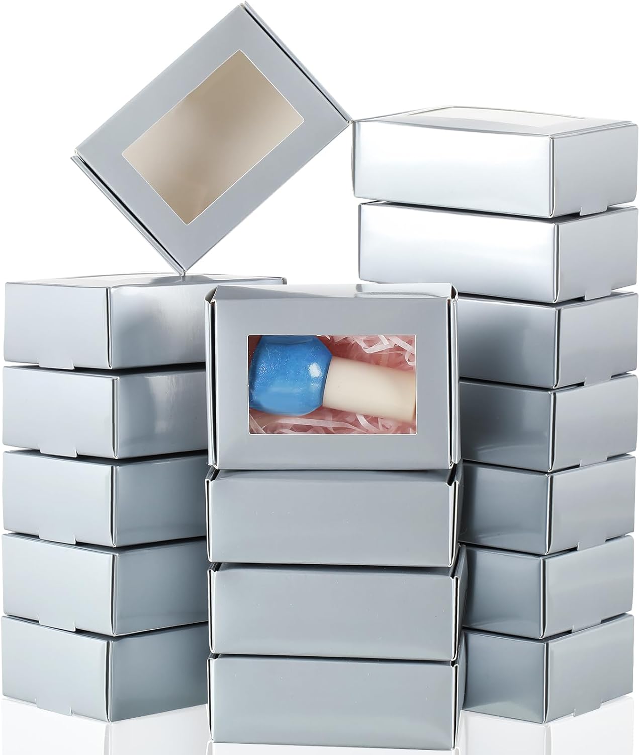 Zonon 30 Pcs Soap Boxes for Homemade Packaging, Mini Kraft Treat Boxes with Window for Bakery Candy Soap Making Gift Packaging(3.5 x 2.4 x 1.2 Inch,Silver)