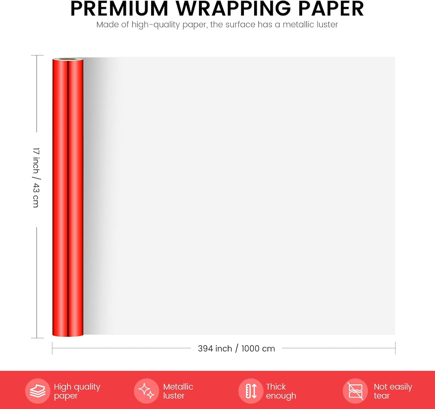 KMER LIFE Metallic Wrapping Paper Roll 17 x 394 inch for Birthday, Christmas, Baby Shower, Valentines, Wedding, Holiday - Premium Gift Wrap (Red)