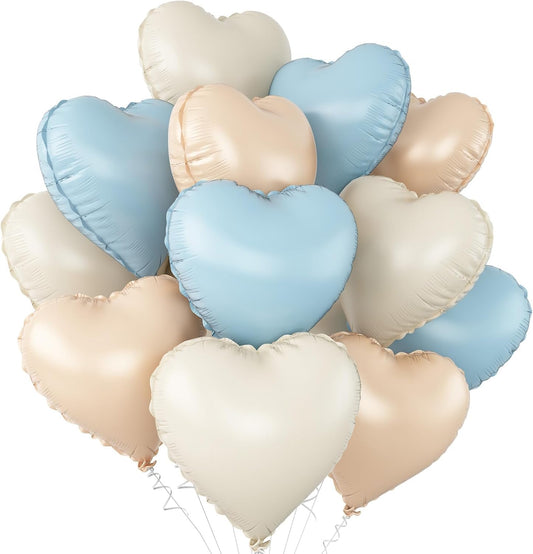 Blue Cream White Heart Balloons,12Pcs 18Inch Baby Blue Beige Apricot Nude Heart Shaped Foil Helium Polyester Film Balloons for Baby Shower Birthday Anniversary Wedding Engagement Party Decorations