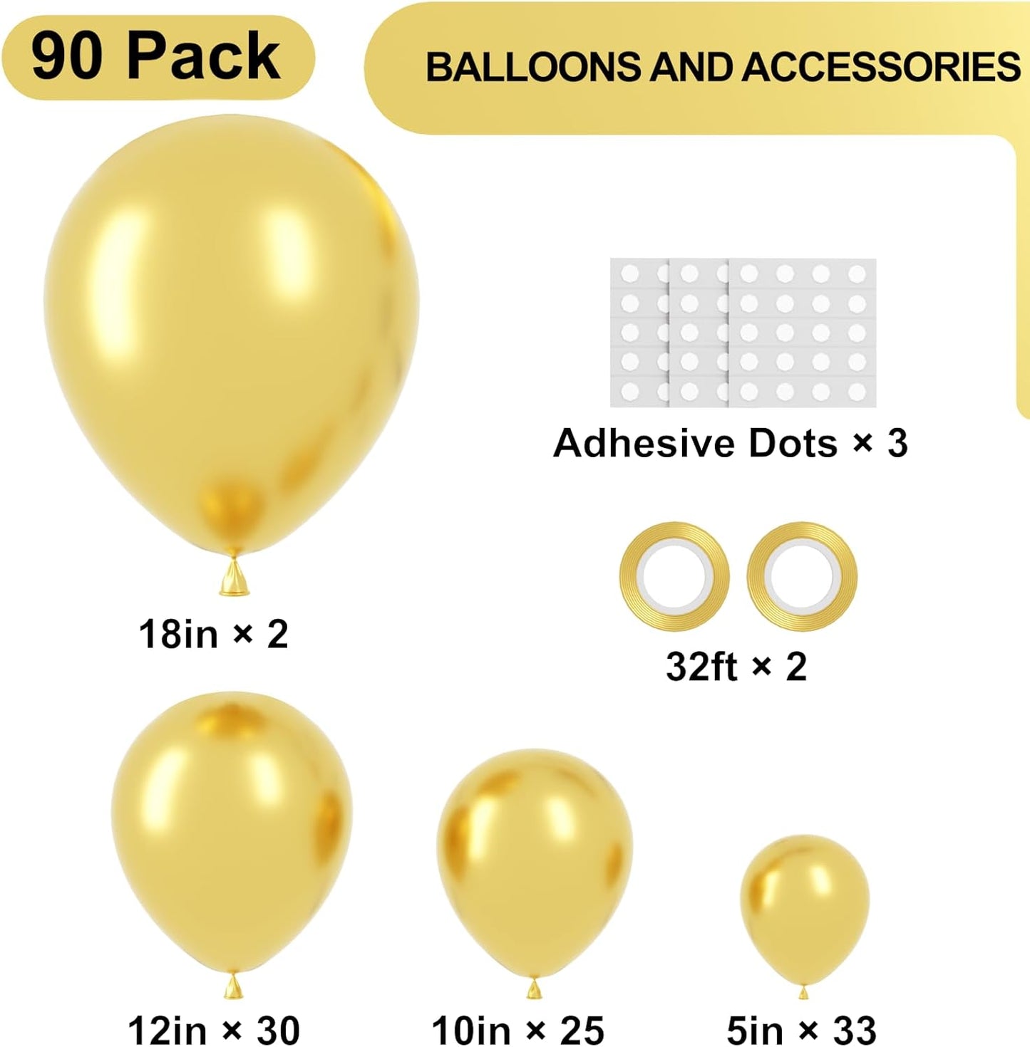 90pack Metallic Gold Balloons Different Size 18/12/10/5 Inch Chrome Gold Balloon Garland Arch Kit for Wedding, New Year, Birthday, Graduation, Bridal Shower, Baby Shower Decorations
