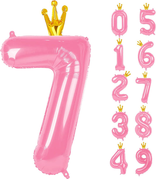 40 Inch Pink Number Balloon 0-9(Zero-Nine) with Crown, Big Size Happy Birthday Balloon, Foil Helium Big Number Balloon for Birthday Party,Wedding, Anniversary (PINK 7)