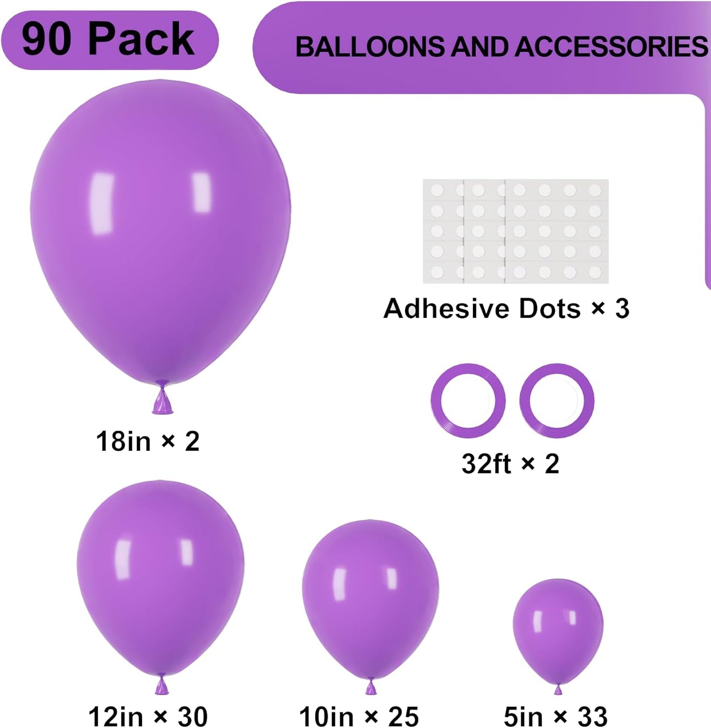 90pack Purple Balloons Different Size 18/12/10/5 Inch Purple Balloon Garland Arch Kit for Halloween, Graduation, Wedding, Birthday, Baby Shower, Anniversary Party Decorations