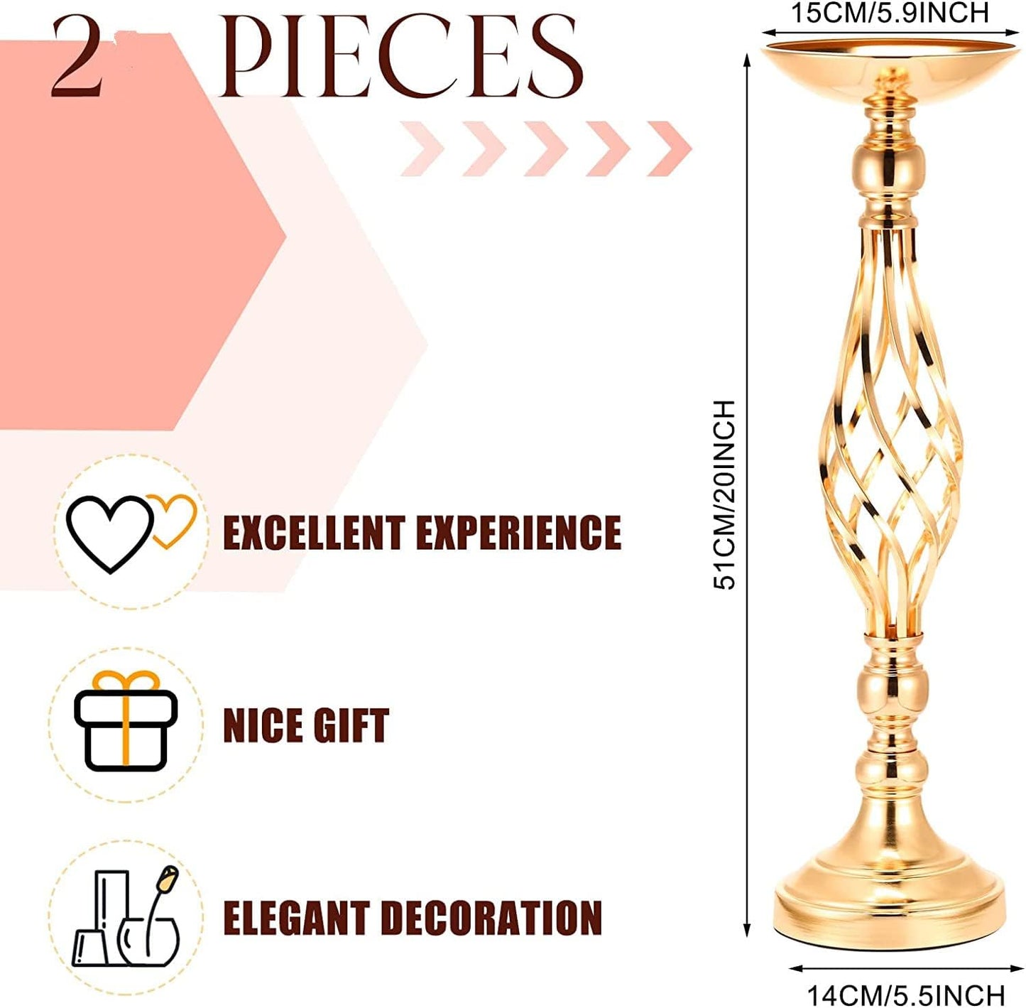 LANLONG 2pcs Metal Gold Candle Holders Road Lead Table Centerpiece Stand Pillar Candlestick for Wedding Candelabra Flowers Vases