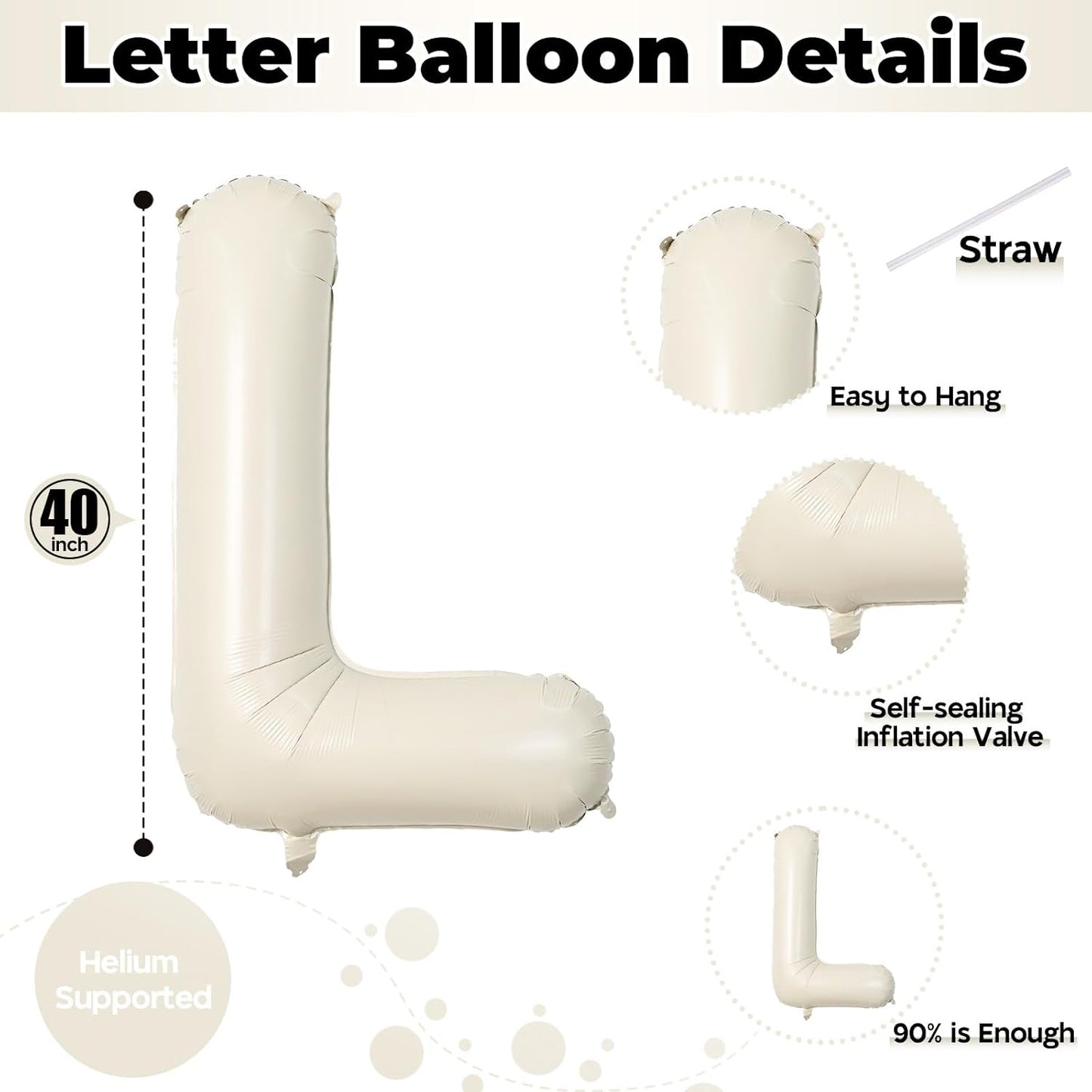 Cream Name Balloon Letters, Large Mylar Helium Alphabet L Custom Balloon Letter Beige Decor, 40 Inch Inflatable Sand White Letter L Foil Customize Balloons for Girls Birthday Party Decoration Supplies