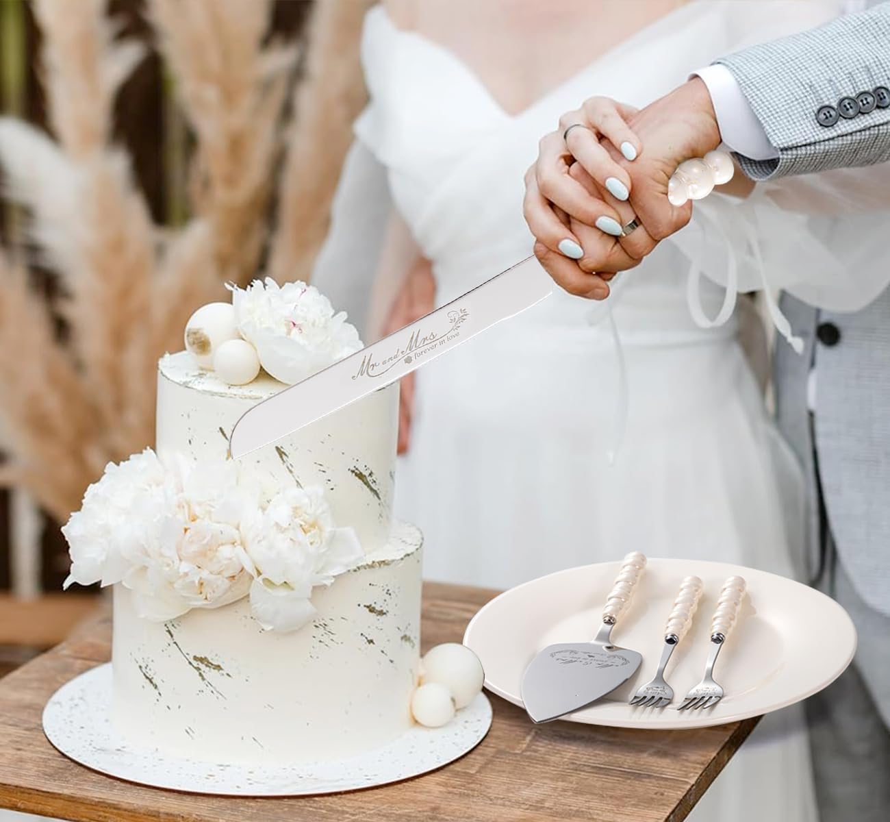 Wedding Cake Knife and Server Set, Ceramic Pearl Handle Cake Cutting Set for Wedding Gifts Bridal Shower Gifts Engagement Gifts for Couples