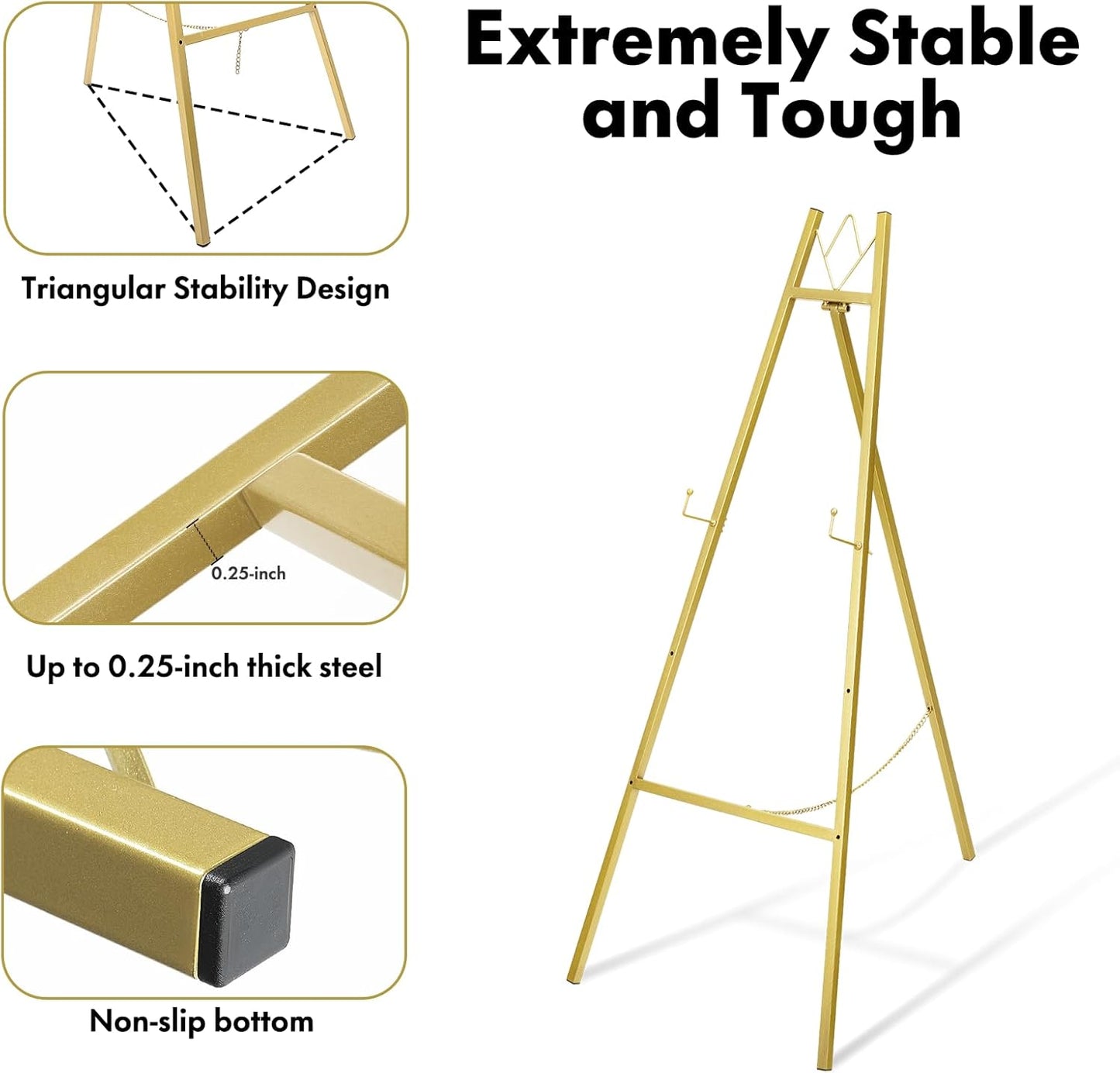 WATIHERE 57.5" Gold Easel Stand for Wedding Sign – 4 Adjustable Height Levels, Assembly Required, Heavy Duty Metal Display Stand for Art, Paintings, Posters, Pictures, and Home Décor