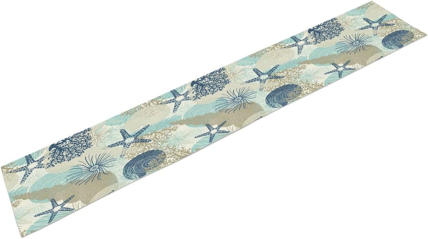 Nautical Coastal Table Runner，Ocean Themed Starfish Coral Conch Beach Kitchen Dinning Table Decoration for Indoor Outdoor Home Party Decor 13x60 Inch